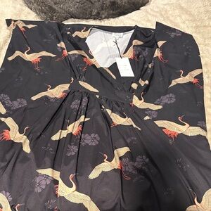 Unique Vintage Black and Gold Kimono with Crane Design